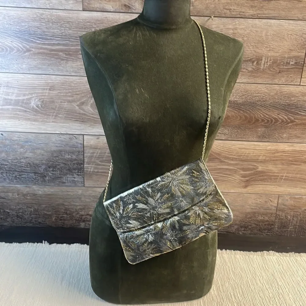 Evening Bag,Metallic Gold & Silver Floral Design,Goldtone Chain 10 1/2”W x 6” L